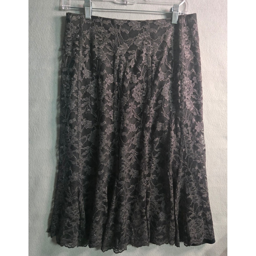 Dark Emerald Green And Black Floral‎ Lace A-Line Midi Skirt Womens Sz 8